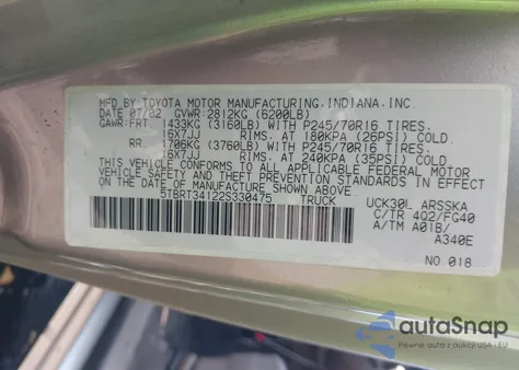 2002 Toyota Tundra Sr5 V8 z USA, uszkodzony, nr VIN 5TBRT34122S330475